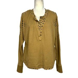 Free People Heart To Heart Henley Top In Golden Palm Thermal Waffle Floral S